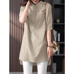 Striped Pattern Half Sleeve High-low Pocket Button Blouse