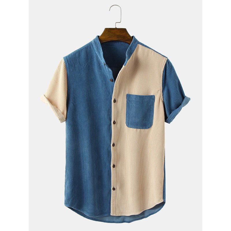 Mens Two Tone Corduroy Splice Stand Collar Short Sleeve Shirts