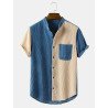 Mens Two Tone Corduroy Splice Stand Collar Short Sleeve Shirts