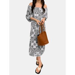 Tribal Paisley Print Off Shoulder 3/4 Sleeve Dress
