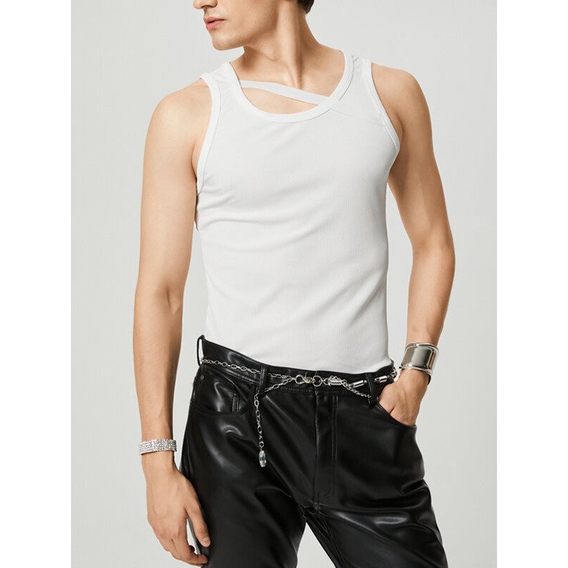 Mens Diagonal Strap Solid Color Casual Ribbed Tank
