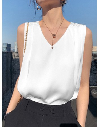 Solid Sleeveless V-neck Satin Tank Top For Women