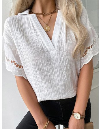 Solid Panel Half Sleeve V-neck Blouse For Women