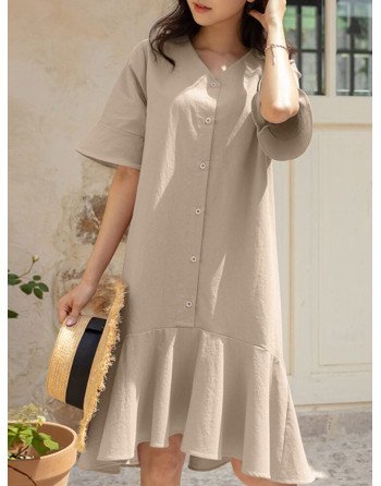 Women Solid Ruffle Sleeve V-neck Button Mermaid Dress