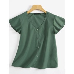 Ruffle Sleeve V-neck Solid Blouse For Women