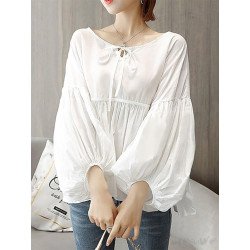 Solid Knotted Ruched Puff Sleeve Casual Blouse