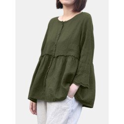 Lace Pleated Long Sleeve Plus Size Loose Blouse