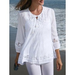 Solid Patchwork Knotted Casual Cotton Blouse