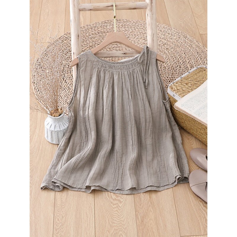 Women Plain Texture Tie Shoulder Cotton Sleeveless Tank Top