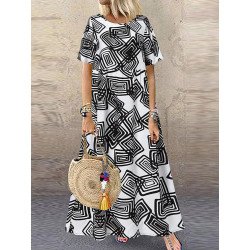 Women Geo Pattern Short Sleeve Crew Neck Dress