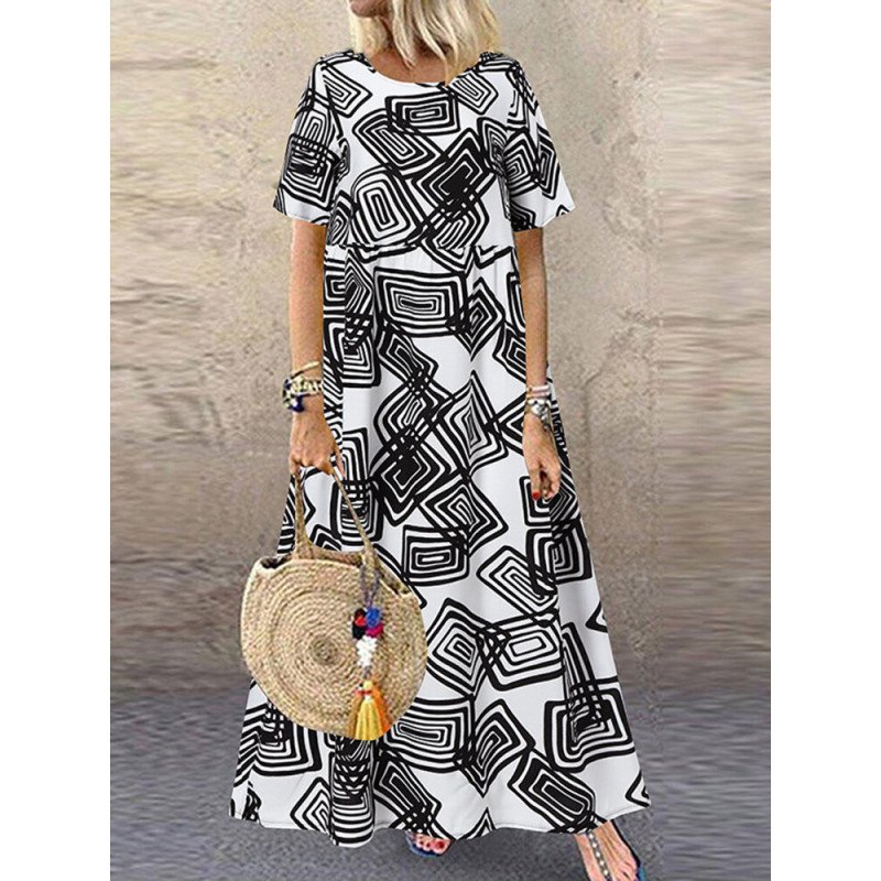 Women Geo Pattern Short Sleeve Crew Neck Dress