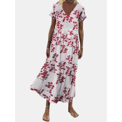 Women Allover Floral Print V-neck Short Sleeve Dress