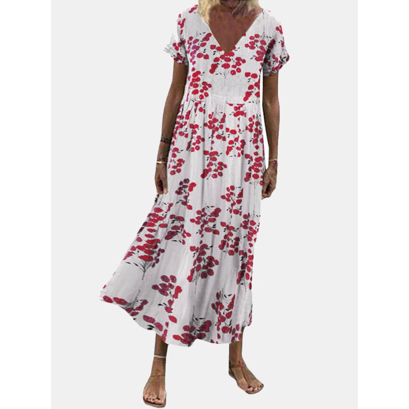 Women Allover Floral Print V-neck Short Sleeve Dress