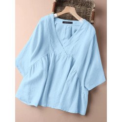 Women Solid Seam Detail V-Neck Cotton Loose Blouse