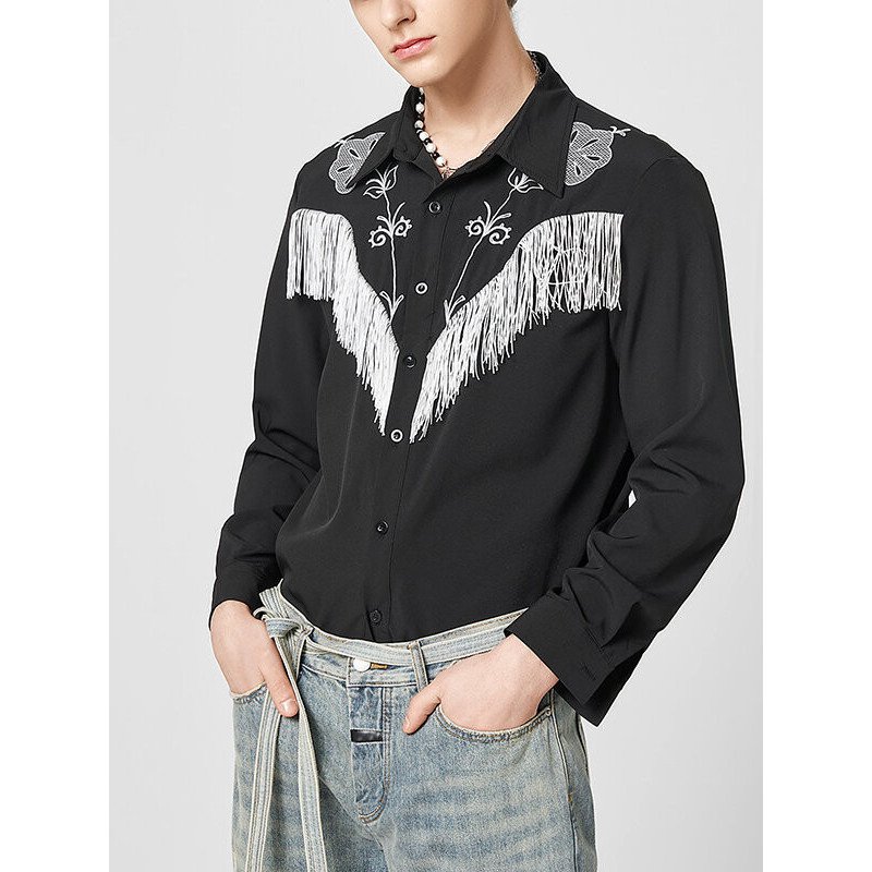 Mens Tassels Embroidered Fringe Long Sleeve Shirt