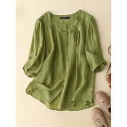 Women Solid Pleated Button Front Casual Half Sleeve Shirt