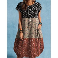 Women Ditsy Floral Print Patchwork Crew Neck Short Sleeve Dress