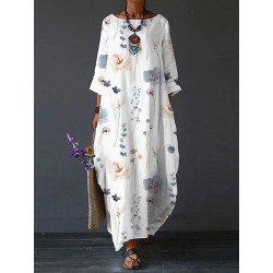 Women Allover Floral Plant Print Crew Neck 3/4 Sleeve Dress