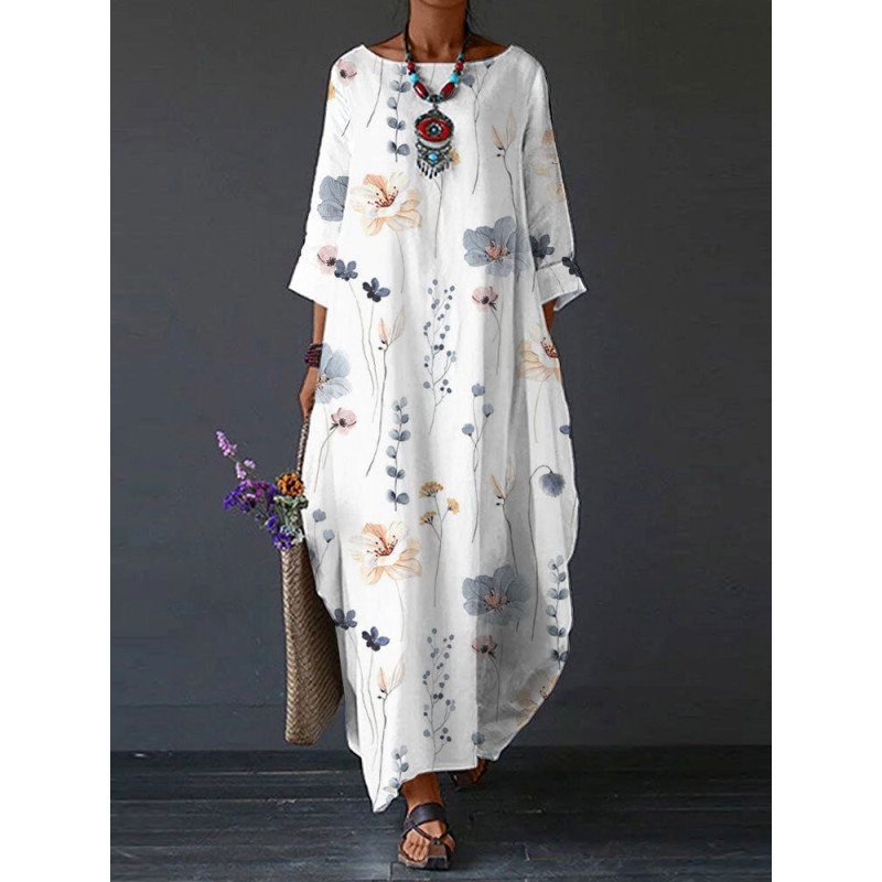 Women Allover Floral Plant Print Crew Neck 3/4 Sleeve Dress