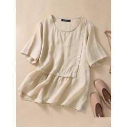 Women Plain Splice Crew Neck Side Split Short Sleeve Blouse