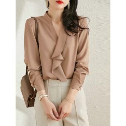 Solid Ruffle Stand Collar Long Sleeve Blouse For Women