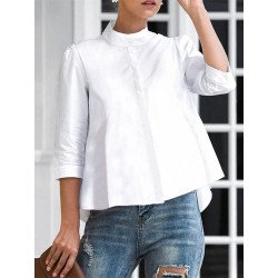 Women Solid Stand Collar Concealed Placket Casual Shirt