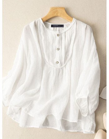 Women Solid Pleated Crew Neck Button Design Puff Sleeve Blouse