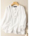 Women Solid Pleated Crew Neck Button Design Puff Sleeve Blouse