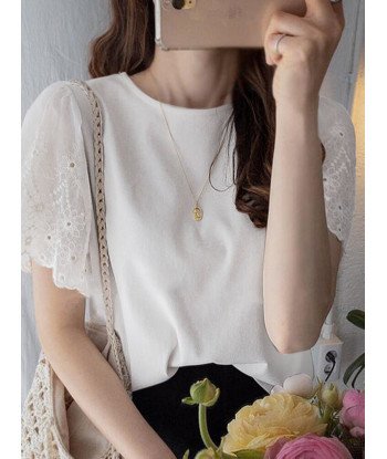 Lace Ruffle Sleeve Crew Neck Solid Casual Blouse
