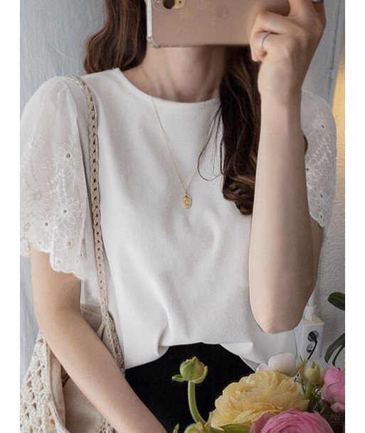 Lace Ruffle Sleeve Crew Neck Solid Casual Blouse