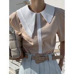 Contrast Color Asymmetrical Neck Invisible Zip Blouse