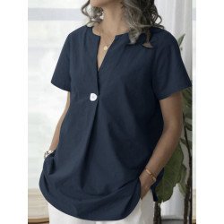 Solid Notch Neck Short Sleeve Button Casual Blouse