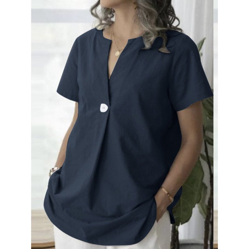 Solid Notch Neck Short Sleeve Button Casual Blouse