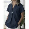 Solid Notch Neck Short Sleeve Button Casual Blouse
