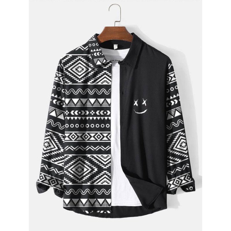 Mens Monochrome Geometric Smile Face Print Lapel Long Sleeve Shirts
