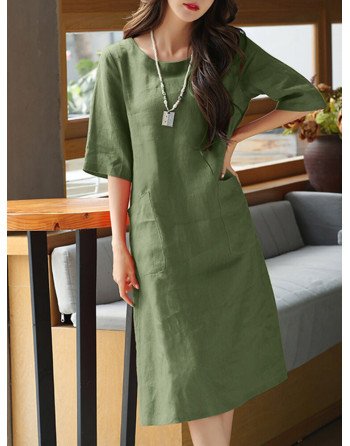 Solid Dual Pocket Half Sleeve Crew Neck Midi Dress
