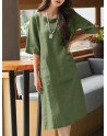 Solid Dual Pocket Half Sleeve Crew Neck Midi Dress
