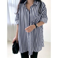 Stripe Pattern Loose Lapel Button Long Sleeve Shirt
