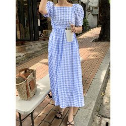 Check Print Puff Sleeve Sqaure Collar Women Dress