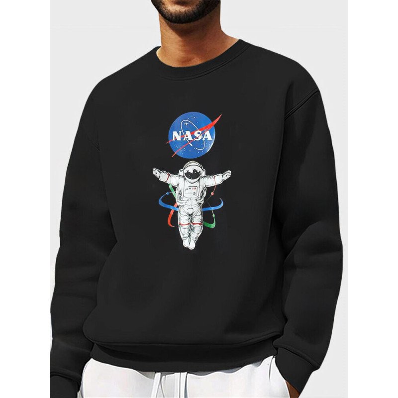 Mens Astronaut Planet Graphic Crew Neck Pullover Sweatshirts