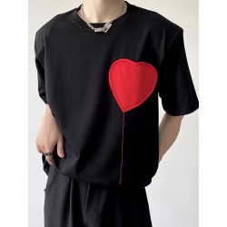 Mens Heart Patched Crew Neck Casual Short Sleeve T-Shirt