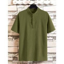 Mens Solid Texture Stand Collar Short Sleeve Henley Shirt