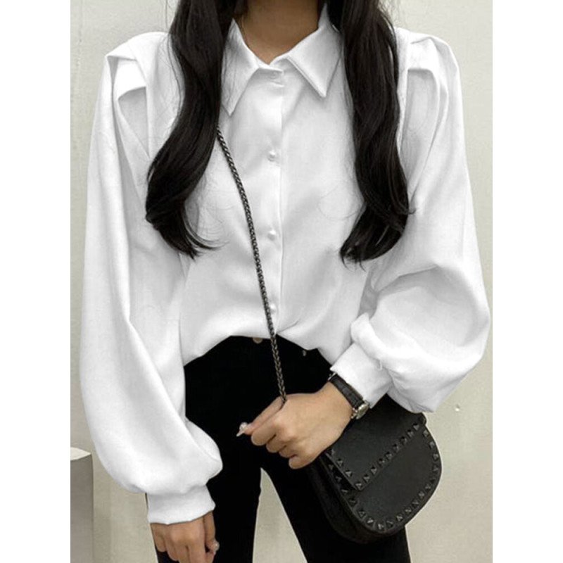 Solid Pleated Shoulder Long Sleeve Pearl Button Lapel Shirt