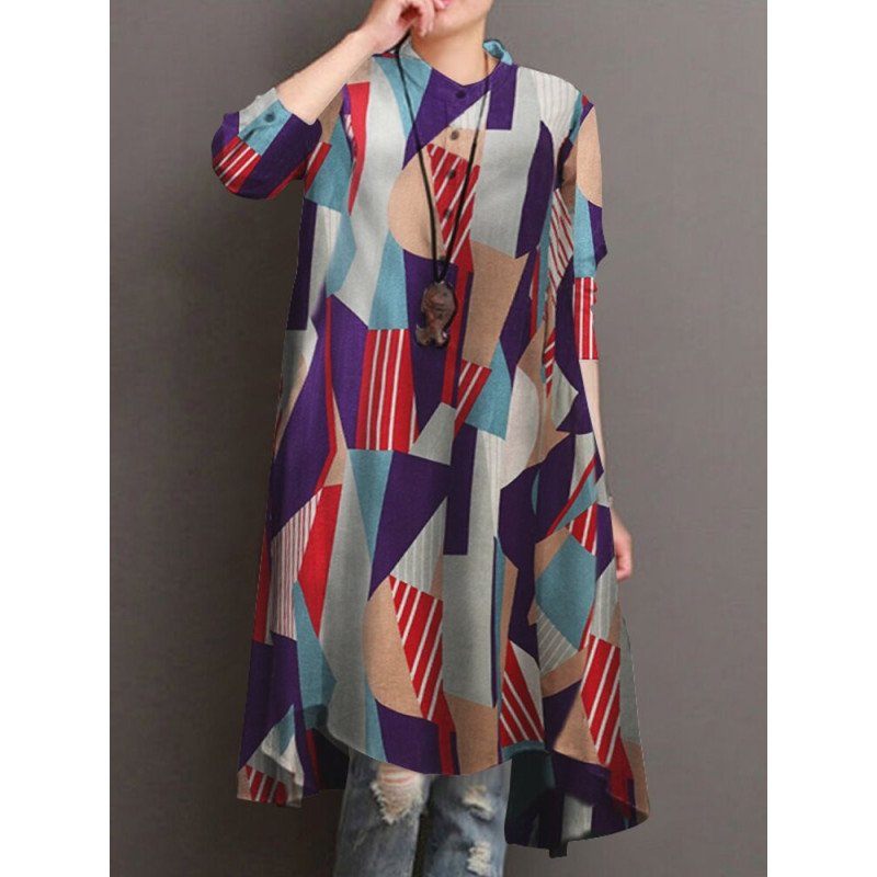 Contrast Color Geometric Print Stand Collar Shirt For Women