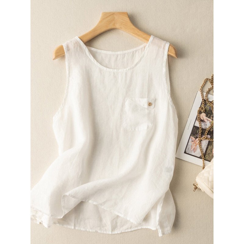 Solid Drawstring Slit Hem Sleeveless Crew Neck Tank Top