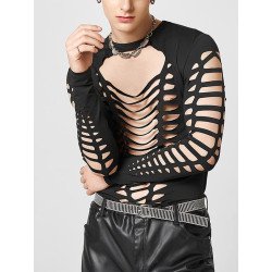 Mens Cutout Design Crew Neck Long Sleeve T-Shirt