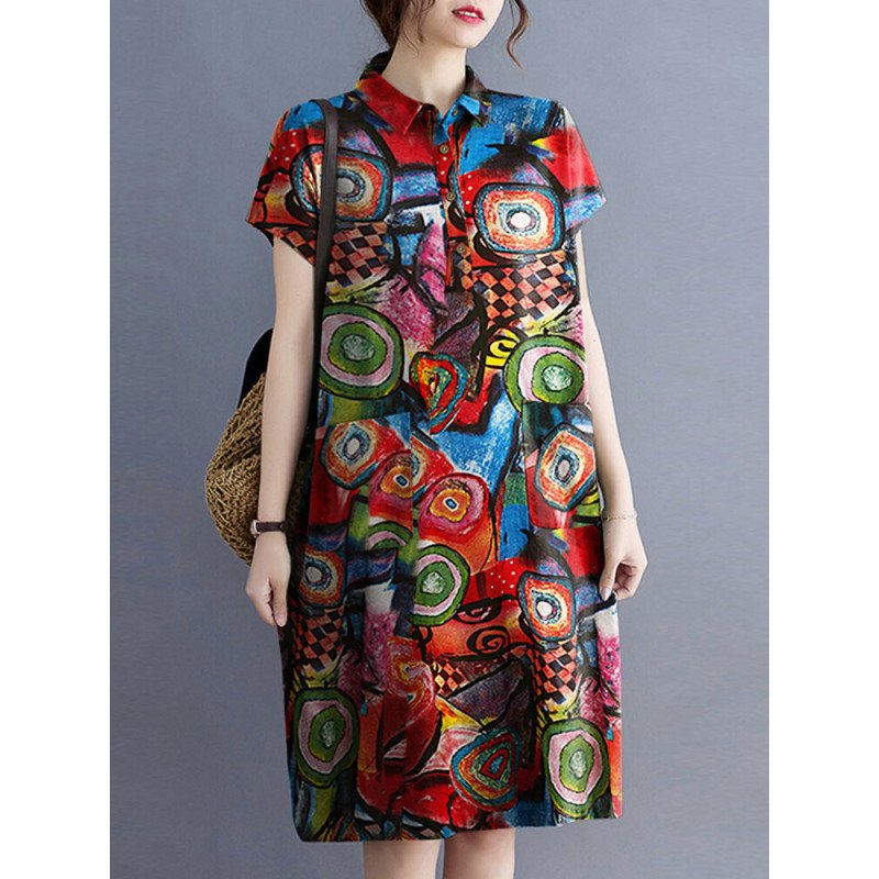 Abstract Painted Button Lapel Short Sleeve Print Midi Dress