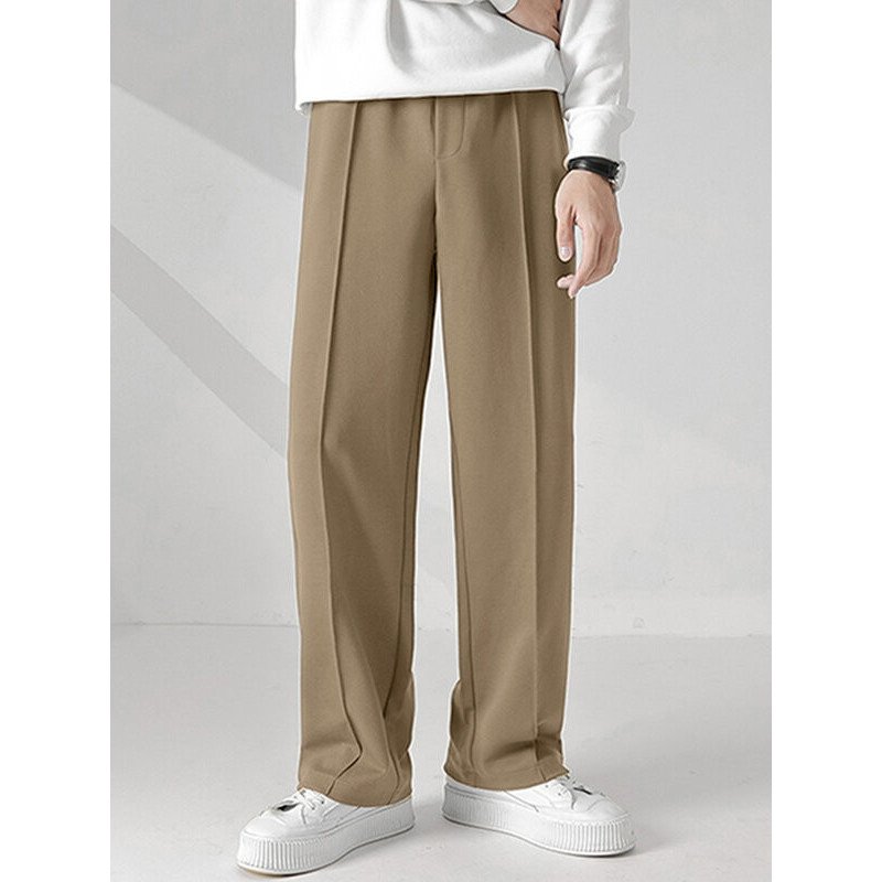 Mens Pleated Solid Casual Straight Pants