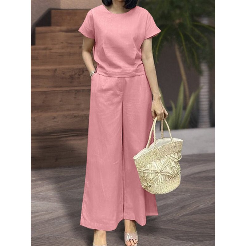 Women Solid Crew Neck Short Sleeve Wide Leg Pants Co-ords