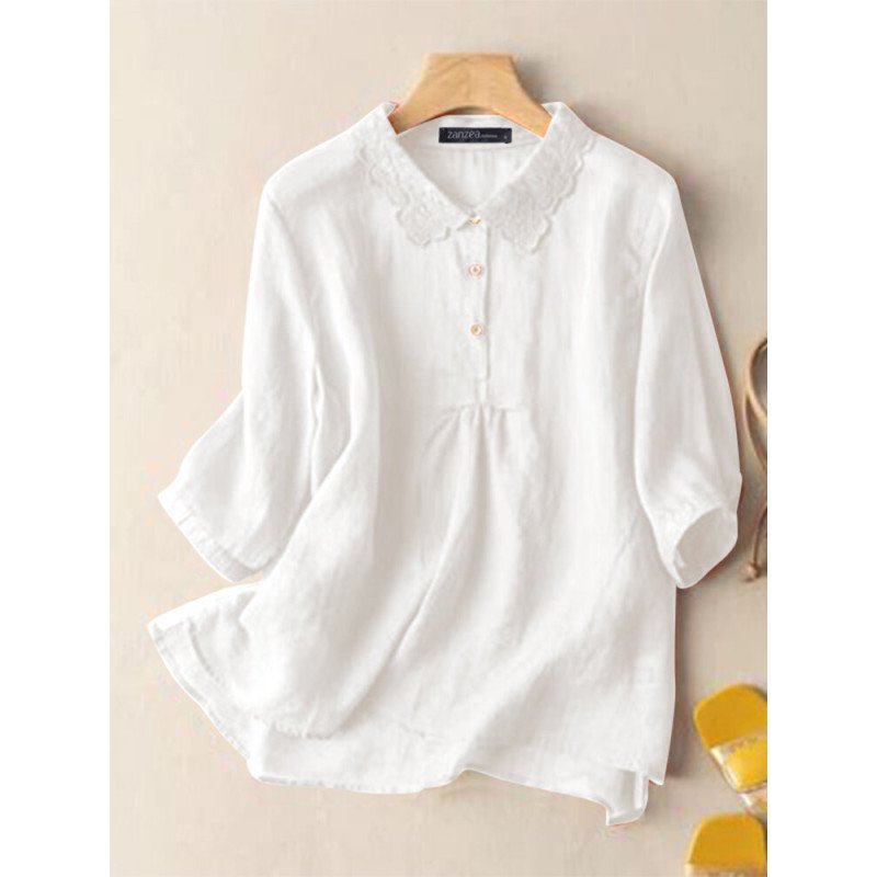 Women Lace Lapel Half Button Cotton High-Low Hem Blouse